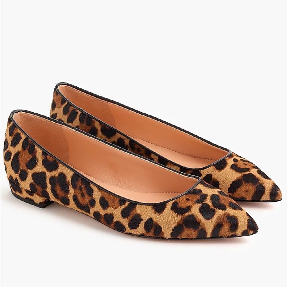 J. Crew Leather Pointed-toe Flats In‎ Leopard Calf Hair Size 6.5 B29